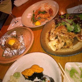 Tei Tei Robata Bar - Chicken Karaage, Soft Shell Crab Salad, sea urchin & Big Roll, & Foil Wrapped Sea Bass w/ Enoki w/ mango & cucumber martinis - Japanese Near Me - Dallas, Texas Tei Tei Robata Bar - Chicken Karaage, Soft Shell Crab Salad, sea urchin & Big Roll, & Foil Wrapped Sea Bass w/ Enoki w/ mango & cucumber martinis - Japanese Near Me - Dallas, Texas