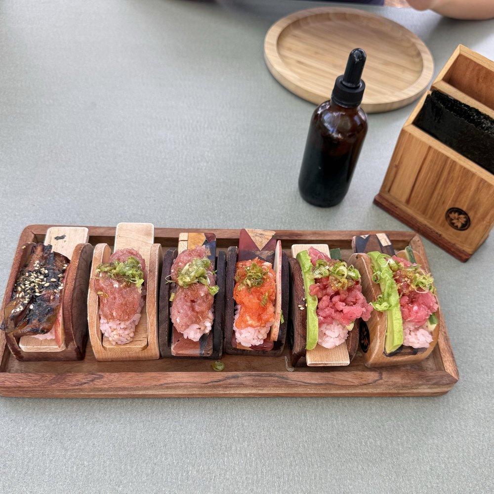 Eggplant, fatty tuna (x2), salmon, spicy salmon (x2) Eggplant, fatty tuna (x2), salmon, spicy salmon (x2)