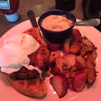 Toast - Fried chicken and waffle Benny, sausage gravy on the side. - Breakfast & Brunch Near Me - Ferndale, Michigan Toast - Fried chicken and waffle Benny, sausage gravy on the side. - Breakfast & Brunch Near Me - Ferndale, Michigan
