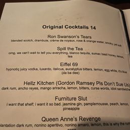 Kitschy menu items + descriptions