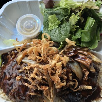 Kahai Street Kitchen - Fresh Hamburger Steak w/Mushrooms & Onions - Salad Near Me - Honolulu, Hawaii