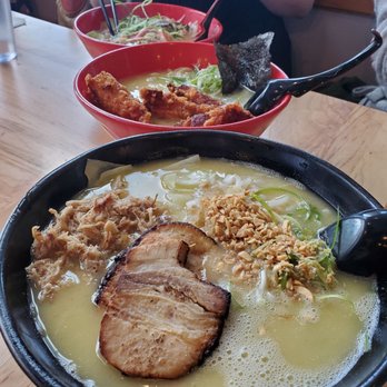Totto Ramen - (Front) Mega Paitan (Mid) Karaage Paitan (Back) Seafood - Ramen Near Me - Somerville, Massachusetts