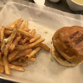 Three Roosters - Zab Chicken Sandwich w/fries $11.95 - tastes more exciting than it looks! - Thai Near Me - New York, New York Three Roosters - Zab Chicken Sandwich w/fries $11.95 - tastes more exciting than it looks! - Thai Near Me - New York, New York
