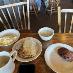 Toast, eggs, grits, Smoked Sausage Patties