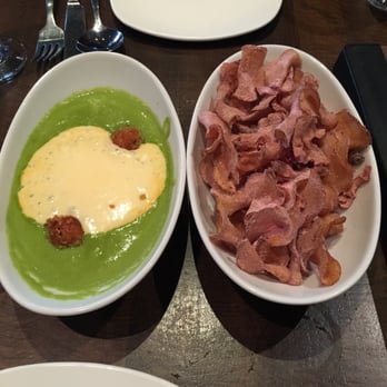 Haven Craft Kitchen + Bar - Broccoli soup and salt and vinegar chips. The fried balls in the soup were delicious! - New American Near Me - Orange, California