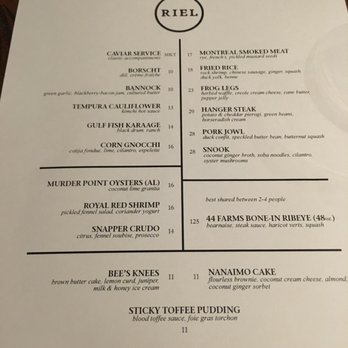 Riel - 11/25 Menu - New American Near Me - Houston, Texas Riel - 11/25 Menu - New American Near Me - Houston, Texas