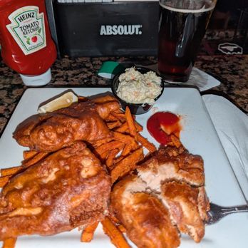 Shenanigans Sports Pub - Mahi-mahi fish and chips with sweet potato fries - Sports Bars Near Me - Dania Beach, Florida