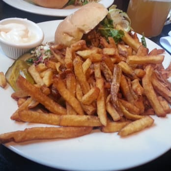 Boiler Bar & Grille - Pulled pork with fries, malt slaw, sweet hot pickles and a side of mayo. to dip my fries in.  Delicious! - Bars Near Me - Orange, Massachusetts