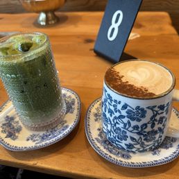 Strawberry vanilla matcha and spiced French vanilla latte