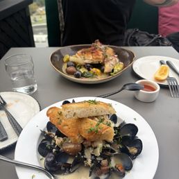 Monthly special (mussles and pancetta) and Mary's chicken Monthly special (mussles and pancetta) and Mary's chicken