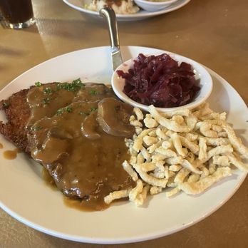 Das Schnitzel Haus - Jagerschnitzel with spaetzle and red cabbage. - German Near Me - Parma, Ohio