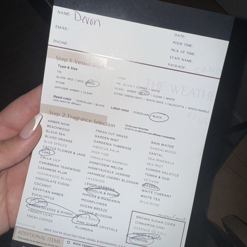 The Weathered Wick - My order form with what scents I wanted. I ended up going with fall. Pumpkin & ginger & spice. - Candle Stores Near Me - Denver, Colorado The Weathered Wick - My order form with what scents I wanted. I ended up going with fall. Pumpkin & ginger & spice. - Candle Stores Near Me - Denver, Colorado