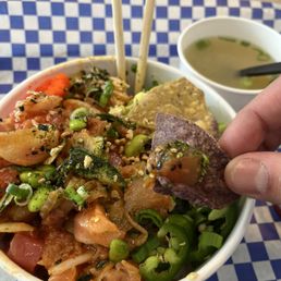 Large poke bow with organic tortilla chips and miso soup Large poke bow with organic tortilla chips and miso soup