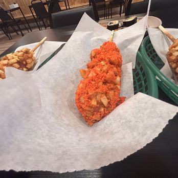 Hot Juicy 88 - Half Cheddar and Half Hot Dog with potatoes coating and Cheetos seasoning. - Korean Near Me - Aurora, Colorado Hot Juicy 88 - Half Cheddar and Half Hot Dog with potatoes coating and Cheetos seasoning. - Korean Near Me - Aurora, Colorado