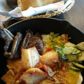 Cafe Opla - Opla Korea $9.95 (with spare ribs, cucumber, min chi, tofu 2 eggs and a baguette + chimi sauce) - Coffee & Tea Near Me - Seattle, Washington