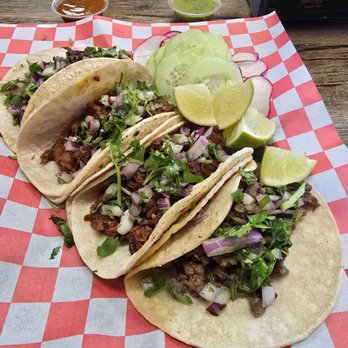 Tacos Los Barrios - Carne asada and al pastor tacos. I added the limes, cucumbers, and radishes along with the red and green salsa from the salsa bar. - Tacos Near Me - Las Vegas, Nevada Tacos Los Barrios - Carne asada and al pastor tacos. I added the limes, cucumbers, and radishes along with the red and green salsa from the salsa bar. - Tacos Near Me - Las Vegas, Nevada