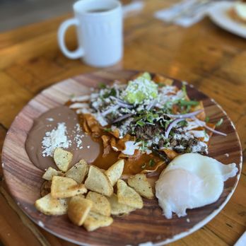 Nonoy’s Cafe - Rib machaca chilaquiles with chipotle and poached egg - Bakeries Near Me - Ensenada, BCN