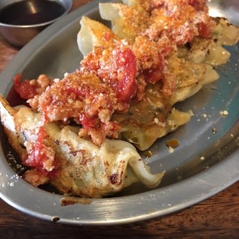 Junpuu - Spicy cheese Gyoza (it's regular gyoza with a spicy topping, not cheese stuff gyoza) - Ramen Near Me - Honolulu, Hawaii Junpuu - Spicy cheese Gyoza (it's regular gyoza with a spicy topping, not cheese stuff gyoza) - Ramen Near Me - Honolulu, Hawaii