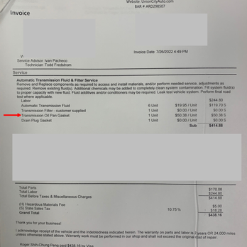 TL Auto Repair - Invoice for transmission fluid service - Auto Repair Near Me - Union City, California