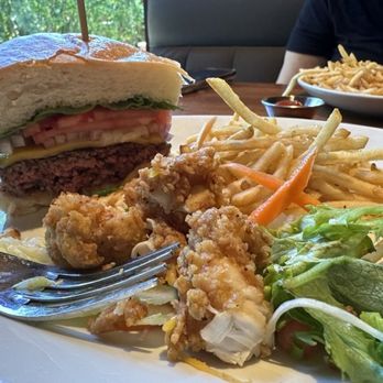 J. Alexander's - This is my plate with 1/2 cheeseburger, fries and a small portion of the salad (I took more later) - New American Near Me - Boca Raton, Florida