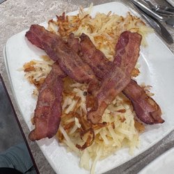 Sophia's Famous Pancakes - Side of bacon and Hash Browns (I combined plates here)