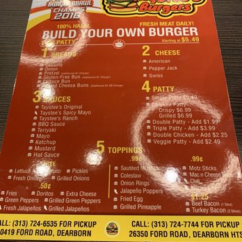 Taystee's Burgers - Menu front - Burgers Near Me - Dearborn Heights, Michigan Taystee's Burgers - Menu front - Burgers Near Me - Dearborn Heights, Michigan