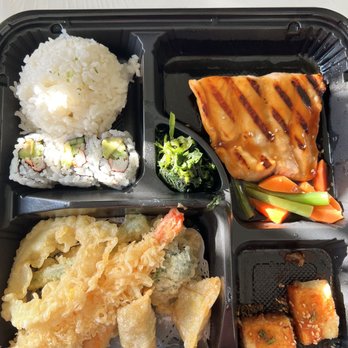 Sushi Yama - Salmon teriyaki, veggie tempura, gyoza, fried tofu, CA roll, rice, miso soup, salad - Japanese Near Me - Vienna, Virginia