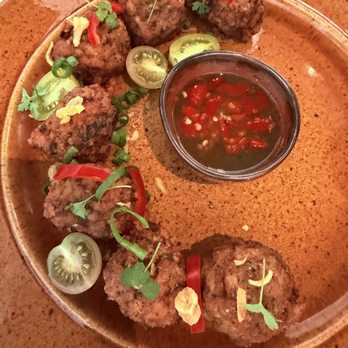 Krata - Northern Thai style meatballs (deliciously herbaceous, soft crunch on the outside-soft on the inside, flavorful with yummy sauce) - Thai Near Me - Harbor City, California Krata - Northern Thai style meatballs (deliciously herbaceous, soft crunch on the outside-soft on the inside, flavorful with yummy sauce) - Thai Near Me - Harbor City, California