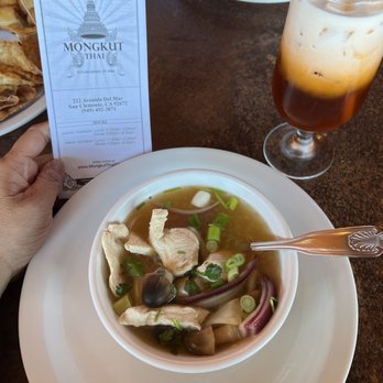 Mongkut Thai Restaurant - Tom Yum Kai / Goong (Sour Soup) Lemongrass broth, onion, mushrooms, cilantro & green onion with chicken or shrimp w/ Thai Tea - Thai Near Me - San Clemente, California Mongkut Thai Restaurant - Tom Yum Kai / Goong (Sour Soup) Lemongrass broth, onion, mushrooms, cilantro & green onion with chicken or shrimp w/ Thai Tea - Thai Near Me - San Clemente, California