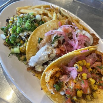 California Fish Grill - Cajon shrimp taco, battered fish taco, street corn and fries. - Seafood Near Me - San Diego, California