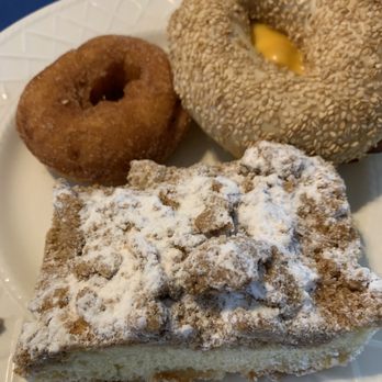 Marvel's Bakery - Clockwise: bacon egg and cheese on sesame bagel, coffee crumb cake, cinnamon sugar donut - Bakeries Near Me - Beach Haven, New Jersey