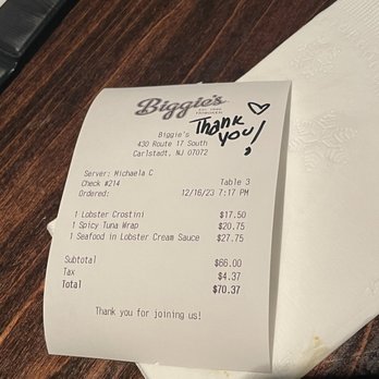 Biggie's - Receipt - Seafood Near Me - Carlstadt, New Jersey