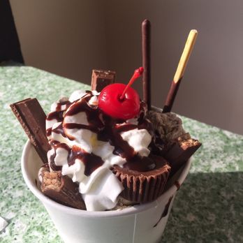 0degree Thai Ice Cream - Finished product. # 3 Cookie Monster with whipped cream, chocolate sauce, pocky, kit kats, one mini Reese's cup, one cherry. - Ice Cream & Frozen Yogurt Near Me - Middletown, Connecticut
