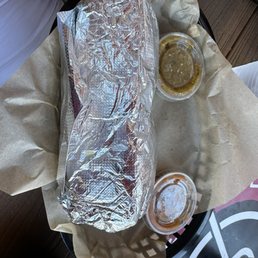 Burrito and two salsas Burrito and two salsas