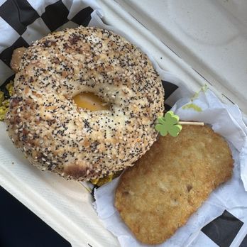Birch Cafe - Bacun sausage egg and cheese on an everything bagel with a hash brown - Vegan Near Me - Highland Heights, Ohio