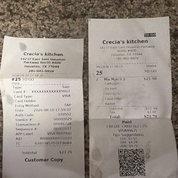 Crecia's Kitchen - Proof of my purchase - Cajun/Creole Near Me - Houston, Texas