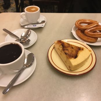 Granja Viader - Dark hot chocolate, coffee, a lady finger dessert, and an order of the churros - Breakfast & Brunch Near Me - Barcelona, B