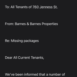 Barnes & Barnes Apartment Rental - Email from 8/1/22 about stolen packages, this issue has been occuring since the holidays of 2021.