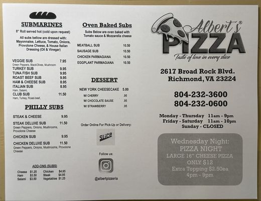 Menu photo 2 Albert's Pizzeria Richmond, VA Menu photo 2 Albert's Pizzeria Richmond, VA