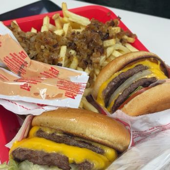 In-N-Out Burger - Double double burger and french fries with grilled onions - Burgers Near Me - Mesa, Arizona In-N-Out Burger - Double double burger and french fries with grilled onions - Burgers Near Me - Mesa, Arizona