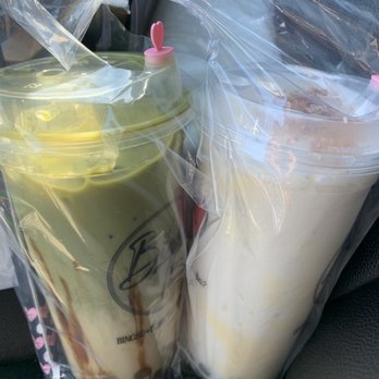 Bing Tea - Brown sugar matcha iced tea added boba (left) Hawaiian coconut blended drink(right) - Desserts Near Me - Albuquerque, New Mexico