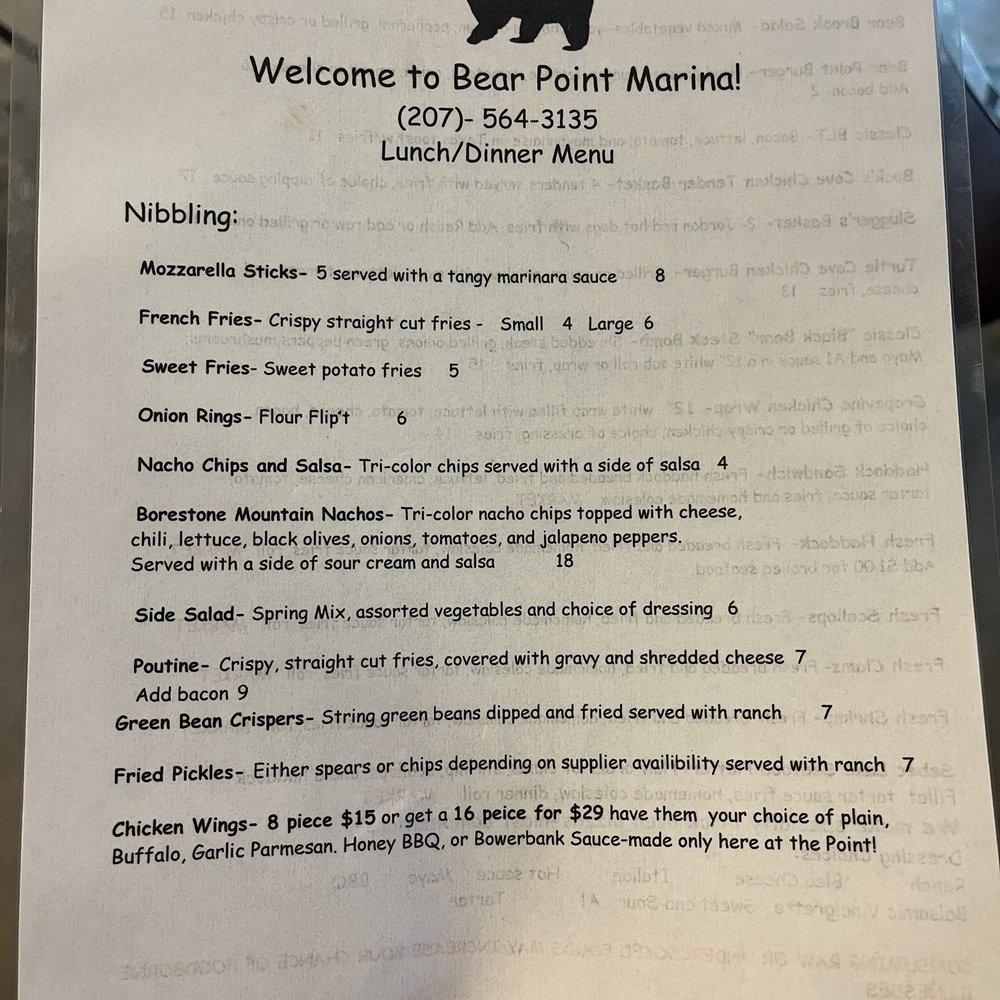 Bear Point Marina - Menu as of July 2023 - Campgrounds Near Me - Bowerbank, Maine