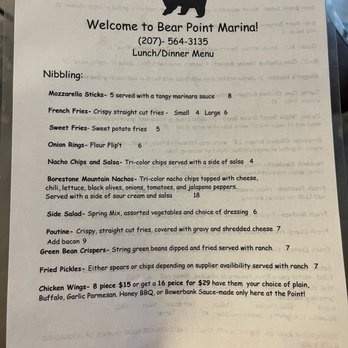 Bear Point Marina - Menu as of July 2023 - Campgrounds Near Me - Bowerbank, Maine