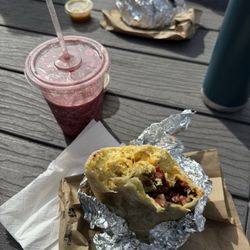 Breakfast burrito, mixed berry smoothie