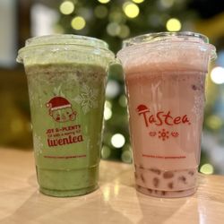 Tastea - Matcha Strawberry w/ longan bits, Strawberry Milk Tea w/ crystal boba