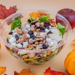 Health Station - Fall Harvest Salad. Mixed greens, apples, pears, dried cranberries, smoky bacon, feta cheese and candied walnuts.