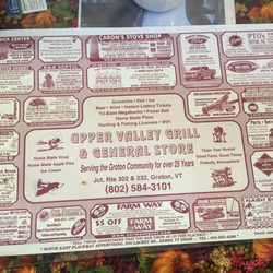 Upper Valley Grill & General Store - Placemat