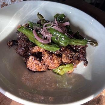 Brazen - GINGER BEEF Certified Angus Beef, Blistered Shishitos, Onions, Ginger Syrup - Canadian (New) Near Me - Banff, Alberta Brazen - GINGER BEEF Certified Angus Beef, Blistered Shishitos, Onions, Ginger Syrup - Canadian (New) Near Me - Banff, Alberta