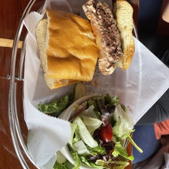 Nepenthe - Ambrosiaburger and side salad - New American Near Me - Big Sur, California Nepenthe - Ambrosiaburger and side salad - New American Near Me - Big Sur, California