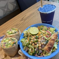Pick 2: Honey Crispy Chicken Wrap (add avo) + PB Protein smoothie & Crispy Chicken Poblano Salad (w/ chickpeas & cucumbers)